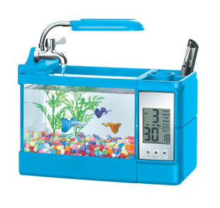 【新奇礼品 迷你电子鱼缸+万年历+温湿度+笔筒 万能办公桌电子鱼缸】价格,厂家,图片,其他水族器材,黄小二-